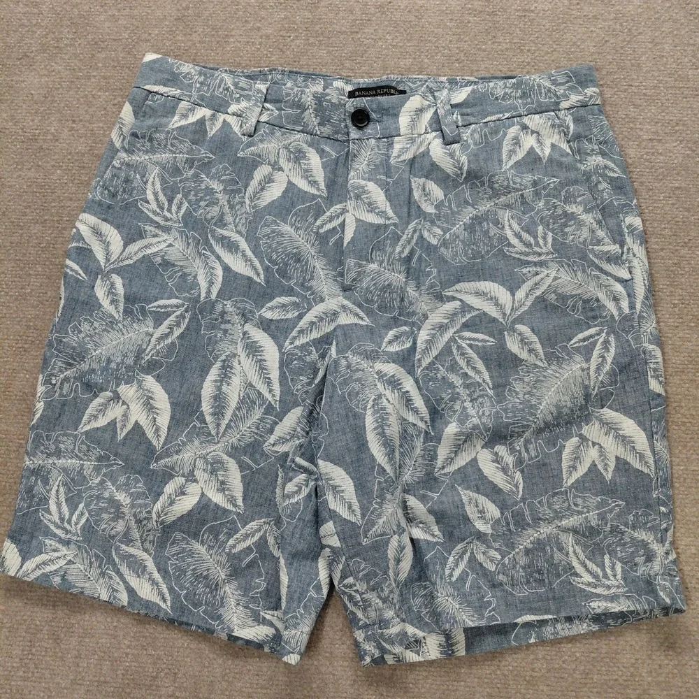 Banana Republic Aiden Linen Shorts Mens 33 Blue Hawaiian Chino Preppy Coastal 9